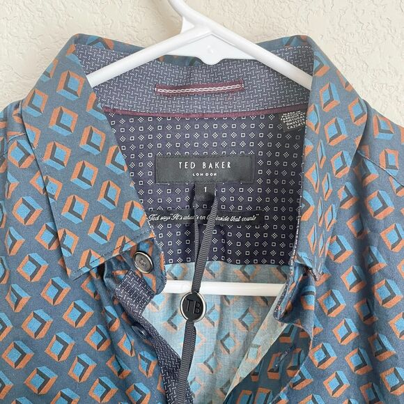 Ted Baker London Mens Long Sleeve Argyle Pattern Button Up Shirt Blue Size 1 - Picture 4 of 11